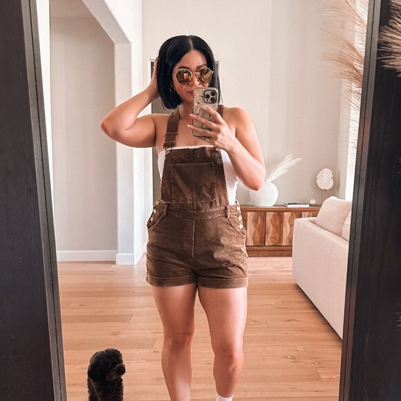 Women's Washed Corduroy Overalls Short Bottoms | Sage The Label | Cotton | Brown - Picture 1 of 8